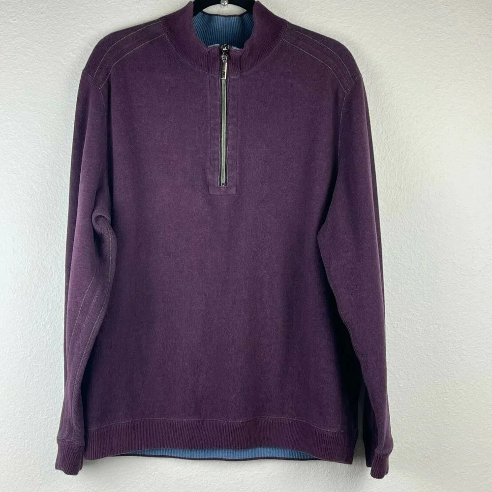 Tommy Bahama Sweater Mens Size Large Reversible 1/4 Zip Pullover Knit Brown Blue
